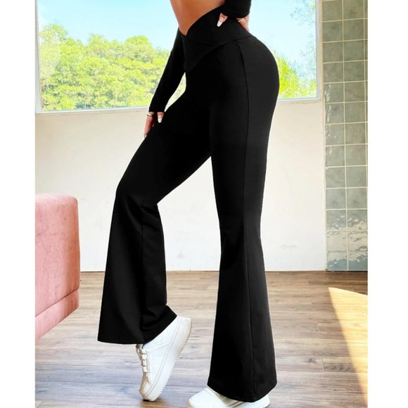 SHEIN EZwear Overlap Waist Flare Leg Pants in Black Size S (4) NWOT - Picture 2 of 7